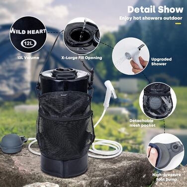 WILD HEAT Camping Shower 12L Portable Shower for Camping with Foot Pump and Shower Bag Backpack for Camping (12L, Black)