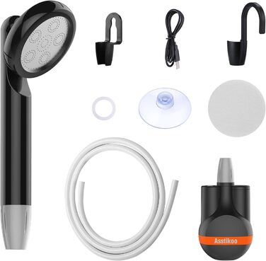 Asstikoo Portable Camping Shower, Camping Shower with Rechargeable Battery, Compact Rechargeable Electric Pump Shower Head for Camping, Pet Cleaning, Beach Washing, Hiking and Travel
