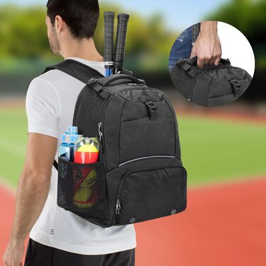 DSLEAF Tennis Backpack for 2 Rackets - Multi-Sport Bag with Ventilated Shoe Compartment - Tennis, Pickleball, Badminton, Squash - Black
