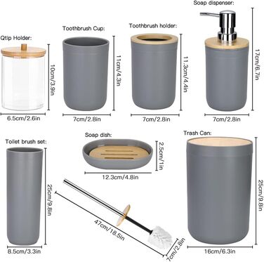Набір аксесуарів для ванної кімнати Otostar Bambus Grey: мильниця, тримач для зубних щіток, дозатор мила, контейнер для ватних паличок, тримач для туалетного паперу, сміттєвий бак (6 шт.)