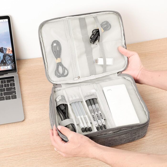 Органайзер для кабелів AiQInu: універсальна дорожня сумка-кубик, 3 шари, водонепроникний, для кабелів, power bank, USB, SD карт (сірий)