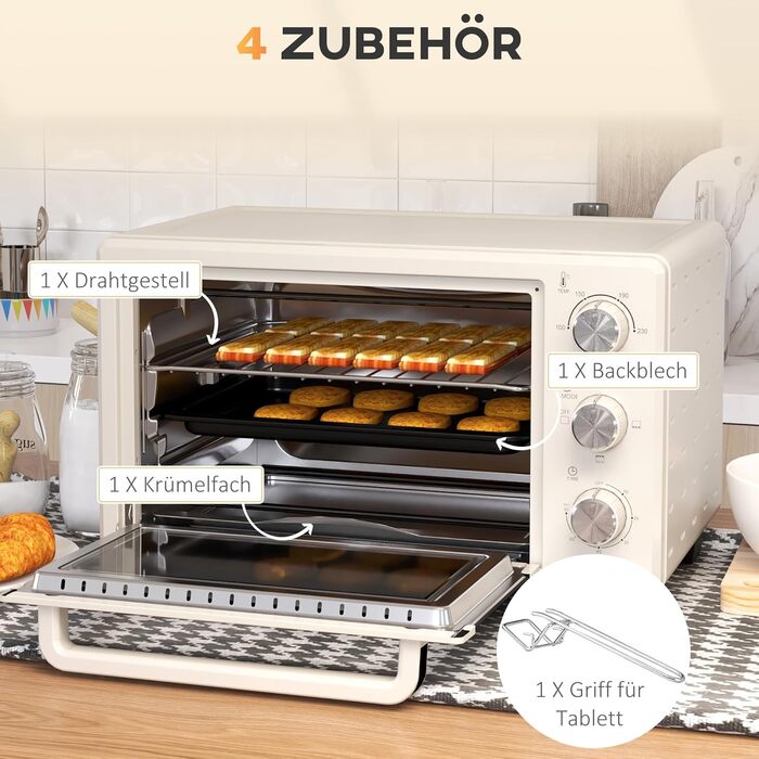 Міні-піч HOMCOM 21 л, 1400 Вт, 100-230°C, таймер, крихтосховище, деко, решітка-гриль, вікно, для піци, кремово-білий