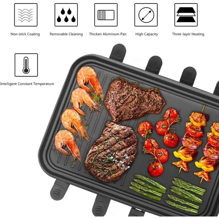Raclette Grill for 8 People, Grill Plate with Non-Stick Coating, Raclette with 8 Mini Raclette Pans & 4 Wooden Spatulas, Continuously Adjustable Temperature, 1500W, Stainless Steel