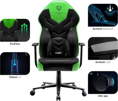 Ігрове крісло Diablo X-Gamer 2.0, ергономічне, тканинне, з поперековою подушкою, Softpad, чорне-зелене, 128x68x55 см