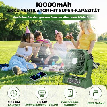 Портативний кемпінговий вентилятор з акумулятором 10000mAh, LED-підсвіткою та пультом керування, безшумний вентилятор для намету, автодома та відкритих просторів (Зелений)