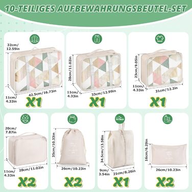 Органайзер для валізи 10 шт. Набір кубиків для пакування, водонепроникні сумки для одягу, взуття, косметики та аксесуарів. Чорний та бежевий кольори.