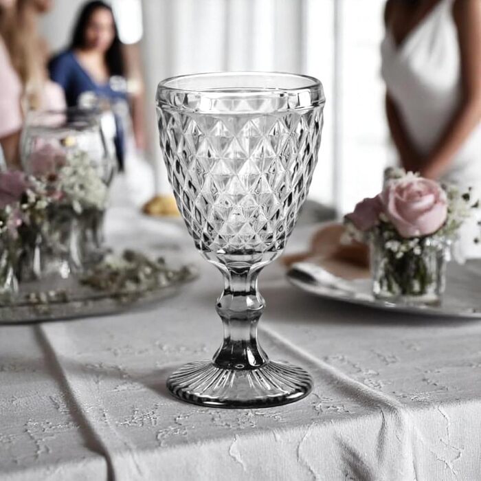 Вінтажний набір з 6 кольорових склянок та келихів з діамантовим візерунком (сітка), келихи Long Drink, келихи для коктейлів з тисненням, склянка, келих, бокал, склянка для води, келих-кубок (сірий бокал)