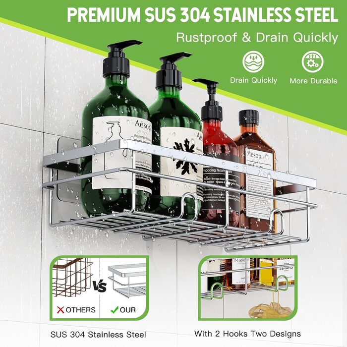 Дзеркальна поличка для душу Uamector без свердління - 2 шт. (сірий, прямокутна)