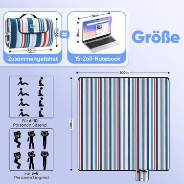 Килимок для пікніка Sekey 200x200 см, вологостійкий, пісконепроникний, для пляжу та кемпінгу, блакитно-білий у смужку