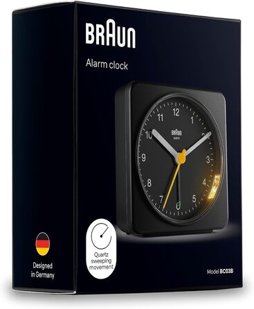 Braun Classic Analog Alarm Clock with Snooze Function and Light, Silent Quartz Movement, Crescendo Alarm, Black Model BC03B