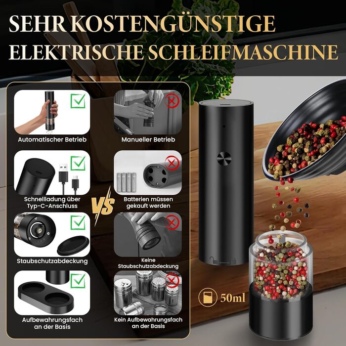 Електричні мельниці для солі та перцю 2 в 1, USB, регулювання помелу, з основою, для спецій, BBQ, кухня