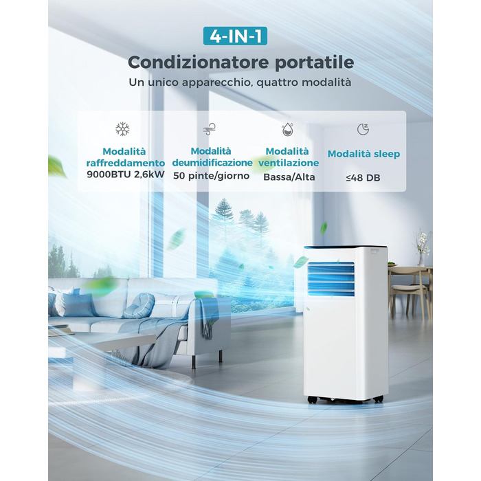 Мобільний кондиціонер 9000 BTU з випускним шлангом | 4-в-1 | Тиха робота <48 дБ | Цифровий дисплей + пульт дистанційного керування | Комплект для встановлення у вікно | Таймер 24 години | Для приміщень до 25 м²