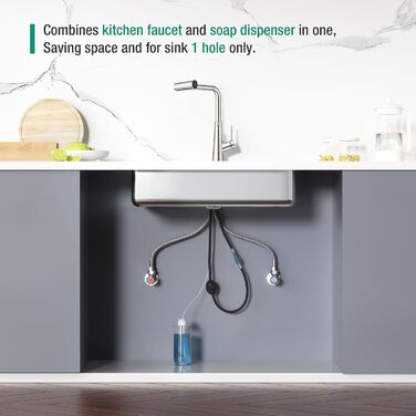 Змішувач для кухні CREA Wasserfall з висувною лійкою, нержавіюча сталь, з дозатором мила, поворотний на 360°, 4 режими струменя, водоспадний ефект