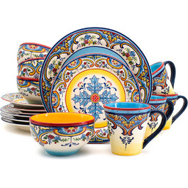 Набір посуду Euro Ceramica Zanzibar Collection, 16 предметів, для кухні та їдальні, на 4 особи, з іспанським квітковим візерунком, блакитно-жовтий посудовий набір