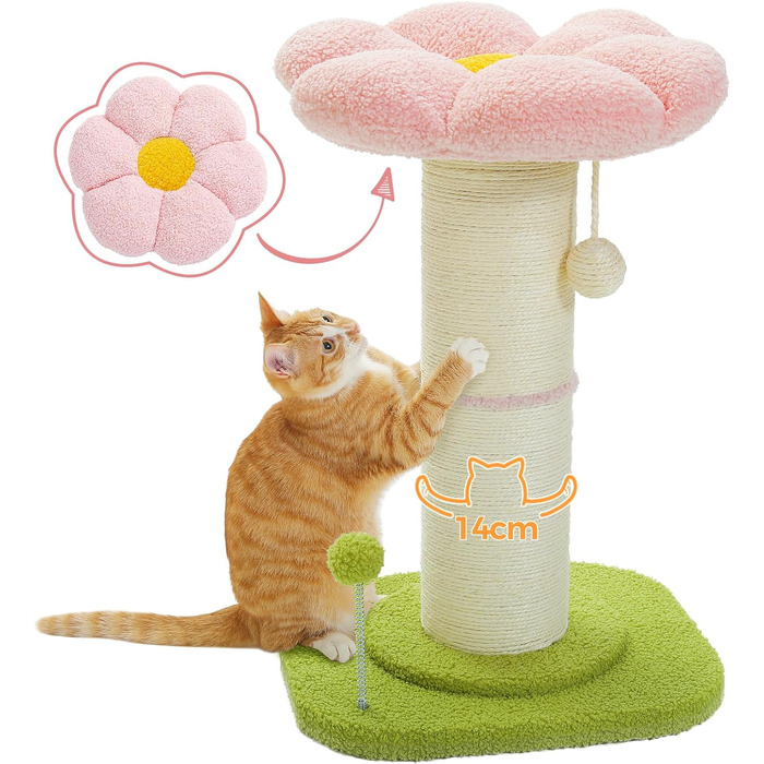 Flower Cat Tree - Small Cat Tree for Indoor Cats with Super Thick Scratching Post [Dia=14cm], Detachable Flower Cat Bed, Feather Ball - Pink