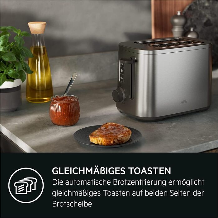 Тостер AEG T5-1-4ST Deli 5 з 7 режимами, таймером, функціями стоп, розморожування, підігріву, автоматичним центруванням, корпусом Cool-Touch, широкими слотами, піддоном для крихт, нержавіюча сталь