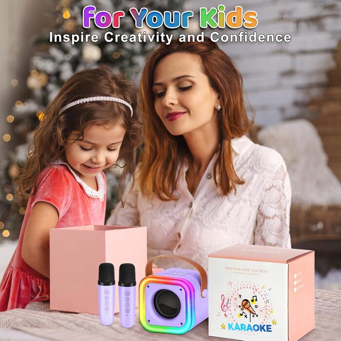 Караоке машина Spinosaurus для дітей з 2 мікрофонами, Bluetooth, LED-підсвічуванням. Ідеально для свят та подарунків (пурпурно-червоний)
