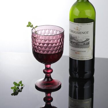 Joeyan 350ml Violet Vintage Wine Glasses with Diamond Embossed Design, Colorful Goblet Glasses Wine Goblet Set for Wine Juice Drinks, Set of 4 Retro Glasses with Stem, Dishwasher Safe
