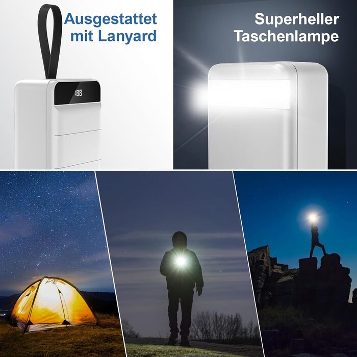 Powerbank 60000mAh з LED-дисплеєм, 22,5W PD USB-C, 4 виходи та 3 входи, сумісний з iPhone, Android та іншими пристроями (білий)