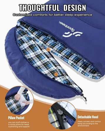 Спальний мішок Sportneer Outdoor - фланелевий зимовий спальник 220 x 85 см з капюшоном, компактний ковдровий спальник для кемпінгу (синій)