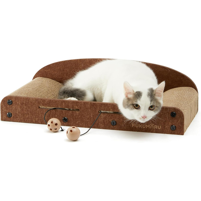 Cat Scratch Board, 66CM Durable Scratch Cardboard and Felt, Large Lounger, 2 Reversible Cat Scratch Pads for Cats, Recyclable Cardboard Cat Bed with Bell Ball Toy, Caramel Color (Medium Size)