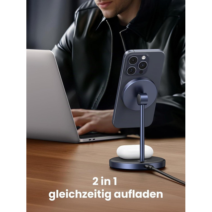 UGREEN MagFlow 2-в-1 Бездротова зарядка для iPhone з MagSafe, 90° регульована, кабель USB-C 1м