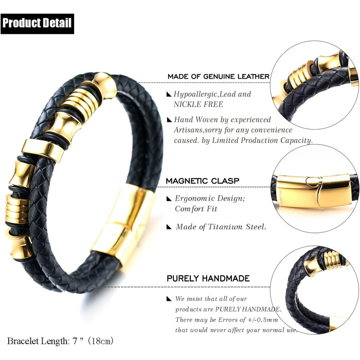 Браслет дитячий Halukakah Ehre Junior для хлопчиків зі шкіри чорного бика з магнітною застібкою, з перлами та позолоченим/платинованим титаном, в подарунковій коробці (6-12 років, 18-19.5 см)