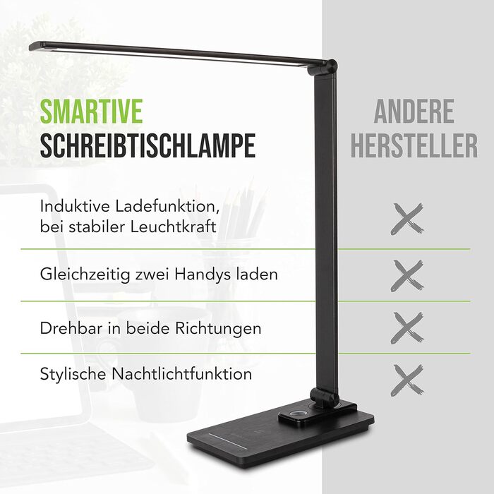 SMARTIVE LED лампа настільна з бездроговою зарядкою - офісна лампа з 10W бездротовою зарядкою, регульоване світло, USB вихід, чорний колір