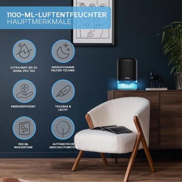Портативний компактний міні-зволожувач повітря 1100 мл - електричний, енергоефективний, видаляє плісняву та конденсат. 7 LED кольорів, регулювання освітлення, чорний