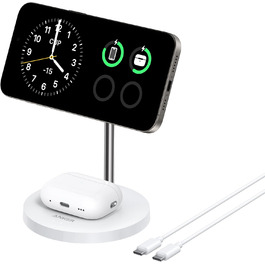 Anker MagGo 15W Magsafe зарядний пристрій: 2-в-1 індукційна станція, Qi2 бездротовий заряд для iPhone 16/15/14/13/12, AirPods Pro, з USB-C кабелем 1.5м, без адаптера живлення