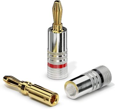 Бананові конектори Sonero® для акустичних кабелів до 6 мм², 4 шт. з кольоровим кодуванням (12x червоний, 12x чорний), 24K позолота (8 шт., High-End, Single)