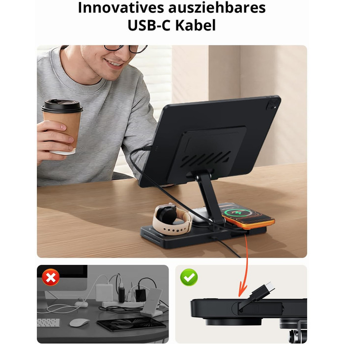 Зарядна станція GEEKERA 4-в-1 для Apple: магнітне індуктивне зарядне для iPhone, iPad, Apple Watch та AirPods, вбудований кабель, металевий чорний