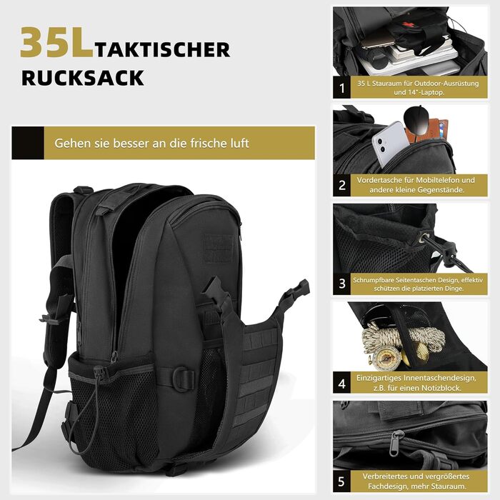 Zavothy 35/45L Military Backpack Men Women, Tactical Backpack, Trekking Backpacks, Outdoor Backpacks, Hiking Backpacks, for Camping, Mountaineering, Gymnastics Training, Shopping, City Trips, Cycling (Black-35l)