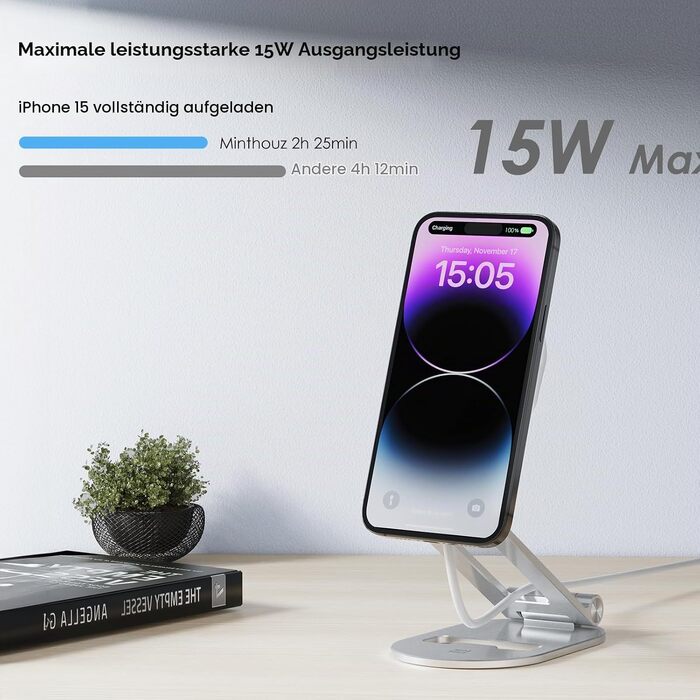 Магнітний бездротовий зарядний пристрій Minthouz Leap MR15 PRO, стійка-тримач з алюмінію з підтримкою швидкої зарядки 20W USB-C для iPhone 16, 15, 14, 13, 12 та AirPods Pro