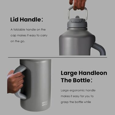 BOTTLE BOTTLE Insulated Water Bottle with Straw and Double Lid, Stainless Steel Sports Water Bottle for Men, with Handle, Vacuum Stainless Steel, for Workout and Sports, 1.8L (Gray)