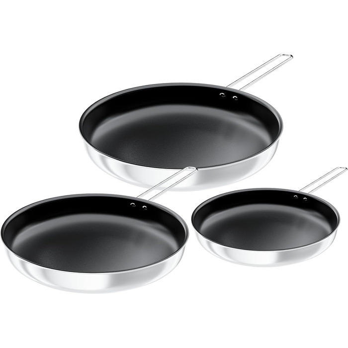 Набір сковорідок CookNANO 3 шт. (20+26+30 см), антипригарне покриття, нержавіюча сталь, для всіх плит, безпечне миття в посудомийній машині