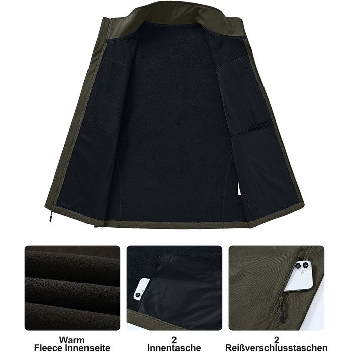 Чоловіча куртка Weste Outdoor з софтшелю, водонепроникна та вітронепроникна, bodywarmer, флісова підкладка, для піших прогулянок, колір: хакі (S)