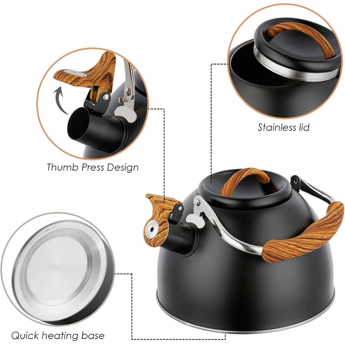 Чайник заварний з нержавіючої сталі 3л з дерев'яною ручкою та свистком, ретро стиль для плити (газ, індукція)