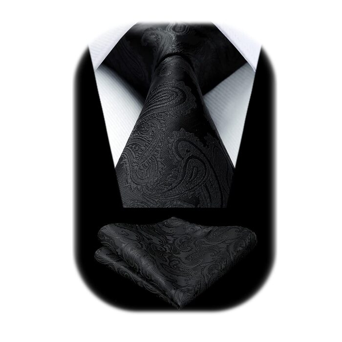 HISDERN Комплект краватки та нагрудного хустинки для весілля, патерн пейслі, жаккард, однотонні кольори, чорний
