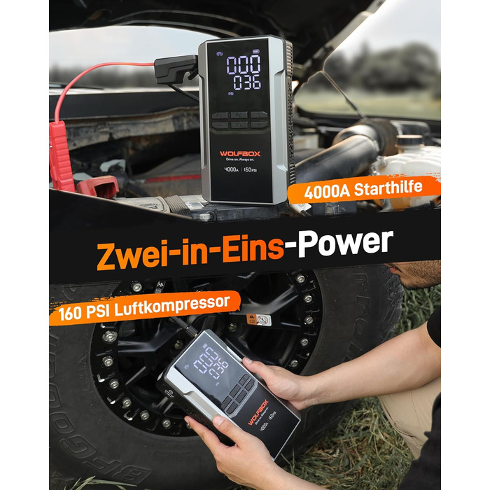 WOLFBOX 4000A: Портативний пусковий пристрій з компресором 160PSI, 12V, 65W, 88.8Wh для бензинових/дизельних двигунів, LED-ліхтар, кабелі для підключення