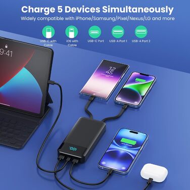Power Bank 26800mAh з USB-C, PD 25W, QC4.0, LED дисплеєм, 5 виходами, для iPhone, Samsung та інших