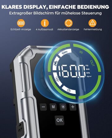 Портативний зарядний пристрій Starthilfe 8000A з компресором 160PSI, 12V для автомобілів, 20000mAh, LED-ліхтар 600 Lumen, LCD-дисплей, сріблястий