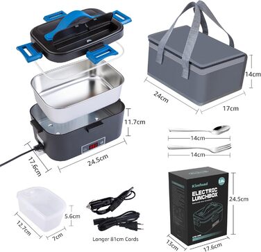Електрична ланч-бокс Kimfead з індикатором температури, 1.8L, 80W, 12V/24V/230V, з сумкою та столовим прибором, для авто/вантажівки/офісу (синій індикатор температури)
