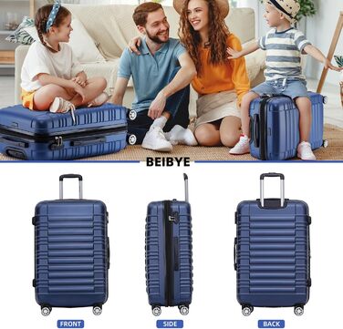 Набір валіз Beibye 2088 з подвійними колесами (M-L-XL) - комплект валіз на колесах, валіза-троль, подорожі, темно-синій