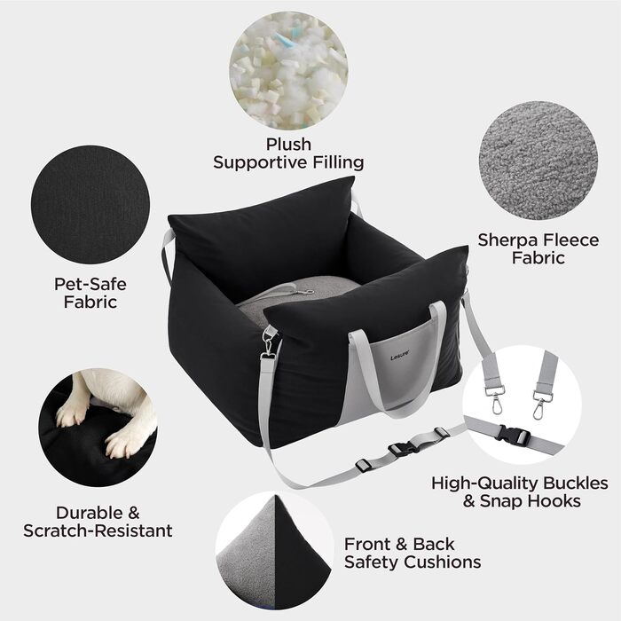 Автокрісло для собак Lesure - чорне, 58x56x33 см, з водонепроникним покриттям та кишенями