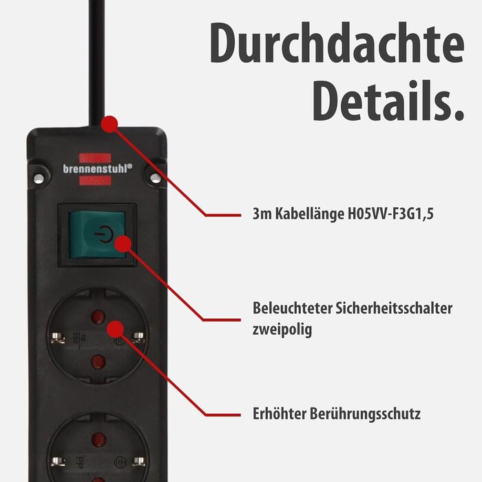 Смуга розеток Brennenstuhl Bremounta 5-портова з USB-зарядкою, чорна, з вимикачем, поворотні розетки 90°, 3м кабель