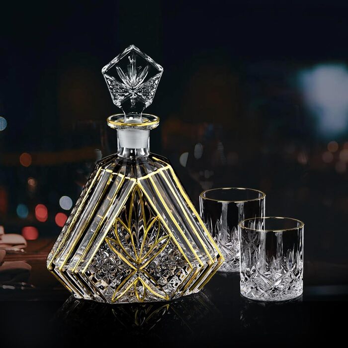 Розкішний набір декантерів ручної роботи з золотом для чоловіків: віскі, вино, бурбон, текіла. Кришталевий декантер та 2 склянки.