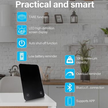 Кухонні ваги Sprifityy: цифрова вага з LCD дисплеєм та підключенням до додатку для аналізу харчової цінності та підрахунку калорій, 5 одиниць (точність 1г), чорний
