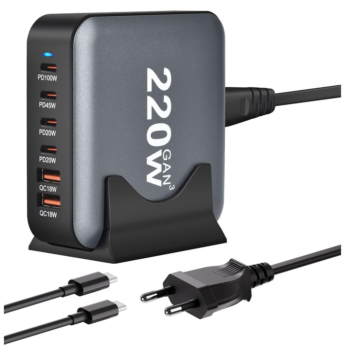 Зарядний пристрій USB C 220W, 6 портів GaN III, швидка зарядка PD + QC для iPhone, Samsung, iPad, MacBook Pro, Dell – Чорний + Кабель USB C 100W 1.5м