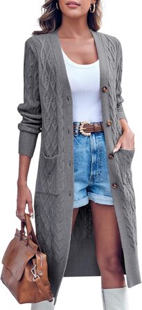 Кардиган жіночий Imily Bela з в'язаним джгутовим візерунком, відкритий спереду, з довгими рукавами, з кишенями (XXL, Сірий)